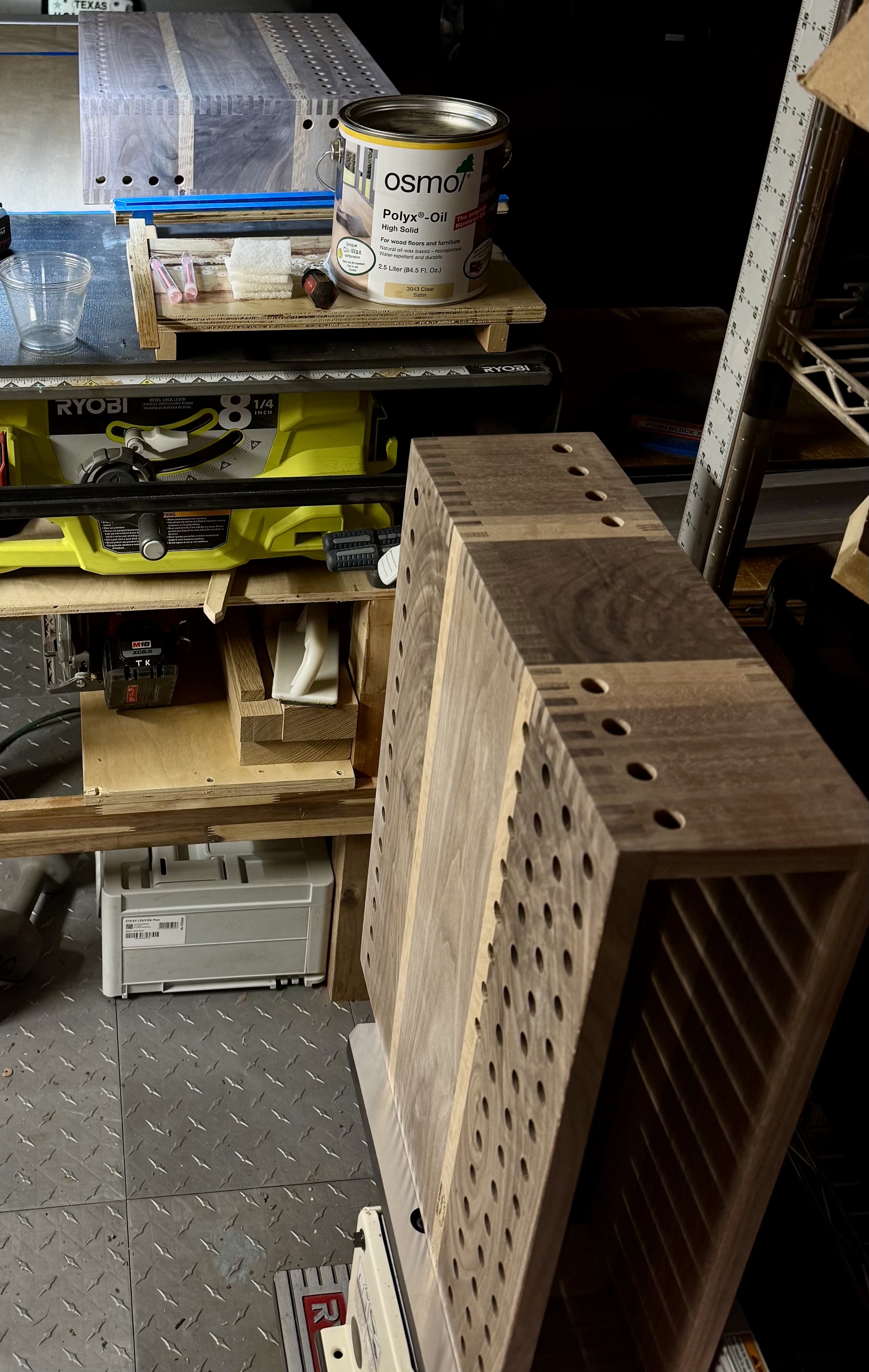 Wood audio enclosure during finish work in the shop