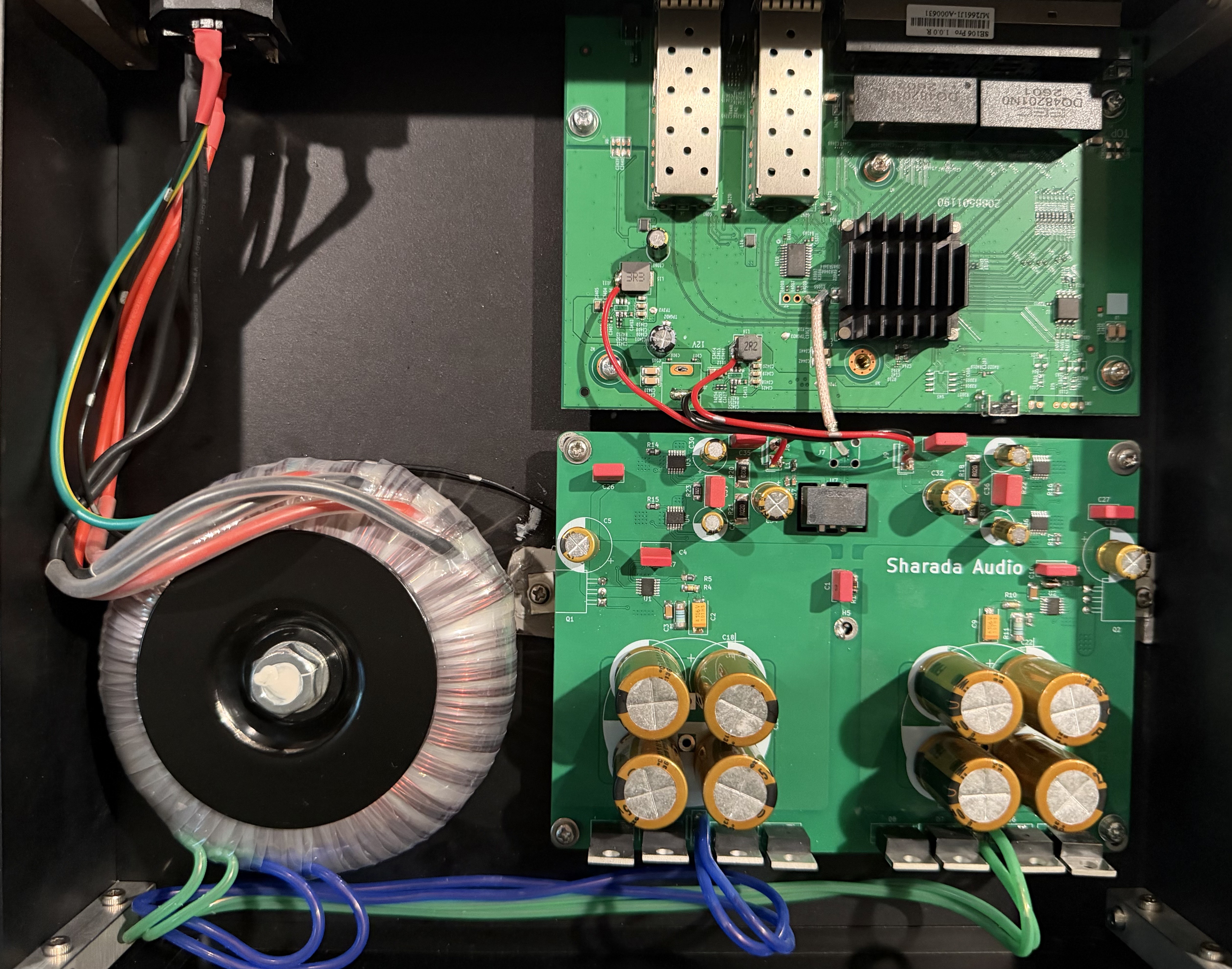 Linear power supply and network boards inside the Level 1 Sharada Audio Ethernet Regenerator