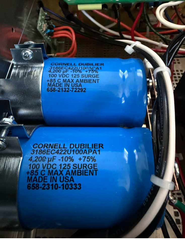 Cornell Dubilier reservoir capacitors inside the Sharada Audio Class D amplifier